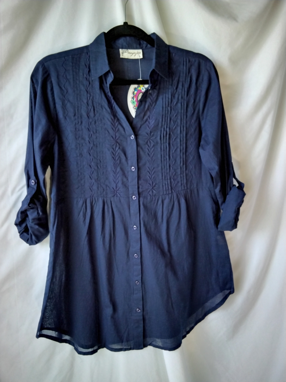 Fashion Magazine Navy Pintuck Button-Down Shirt